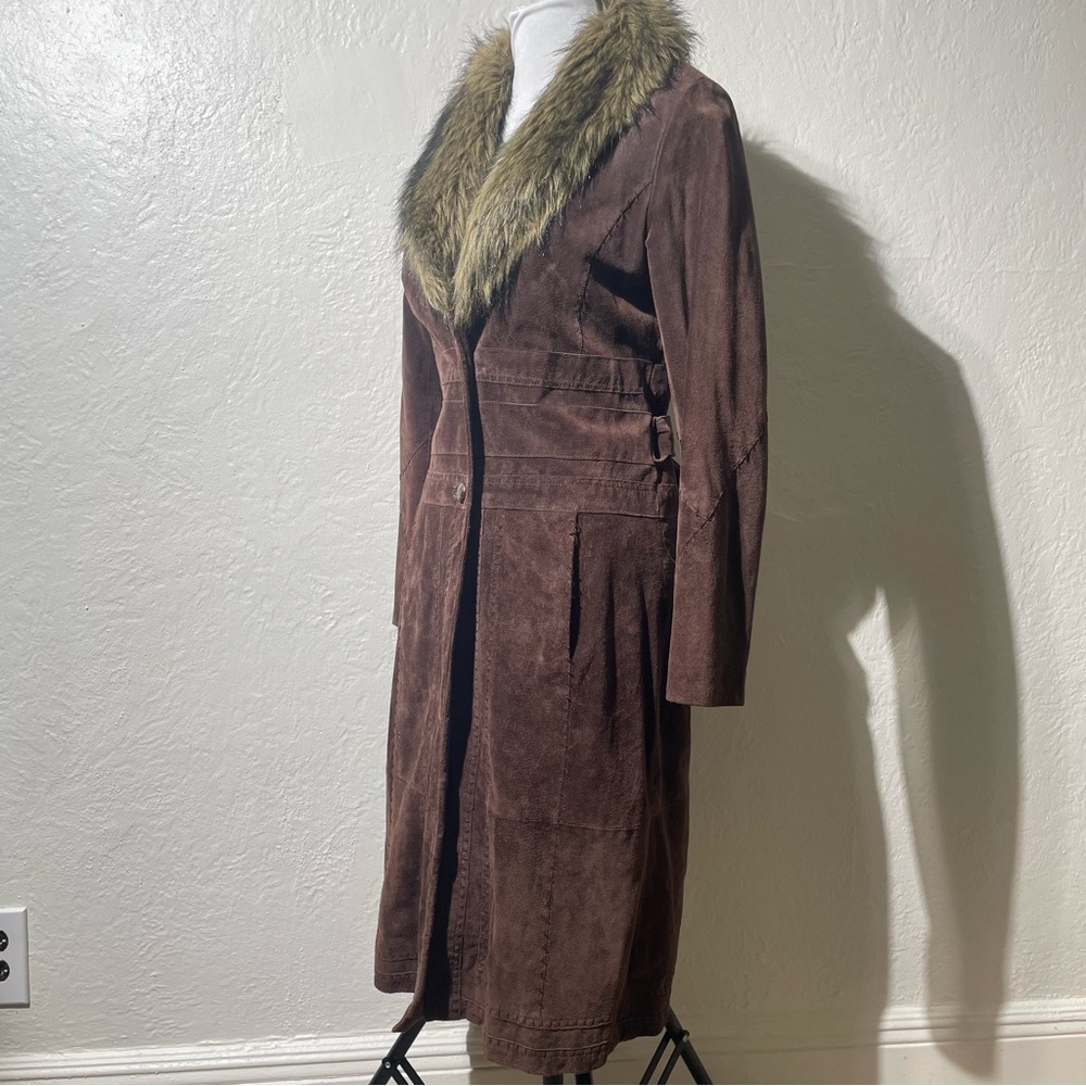 Wilsons Leather suede Brown Trench Coat with Faux Fur Collar - Picture 5 of 12